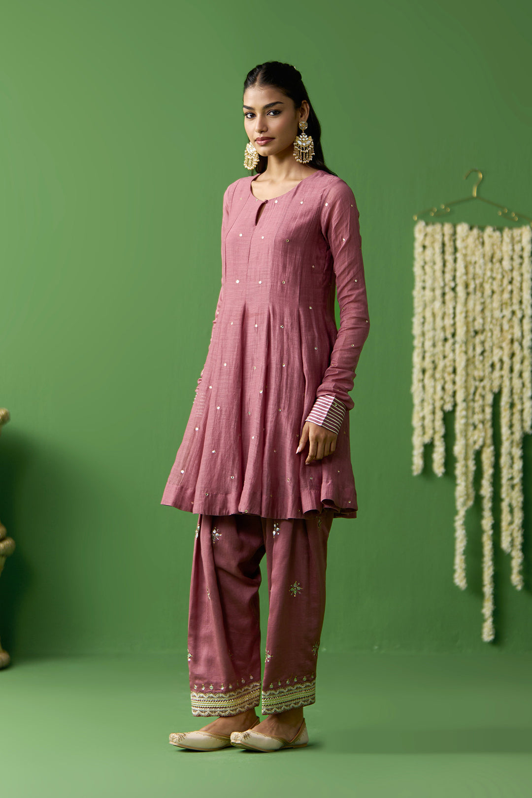 Gulnaar Onion Pink Turquoise With Green short anarkali with embroidered salwar and gota work dupatta ( set of 3)