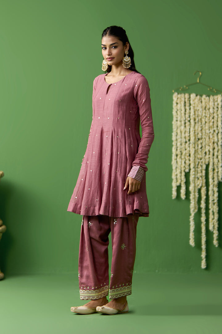 Gulnaar Onion Pink Turquoise With Green short anarkali with embroidered salwar and gota work dupatta ( set of 3)