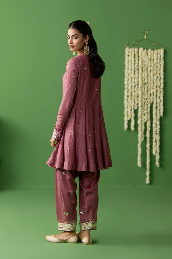 Gulnaar Onion Pink Turquoise With Green short anarkali with embroidered salwar and gota work dupatta ( set of 3)
