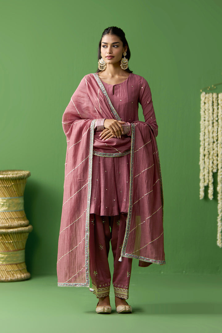 Gulnaar Onion Pink Turquoise With Green short anarkali with embroidered salwar and gota work dupatta ( set of 3)