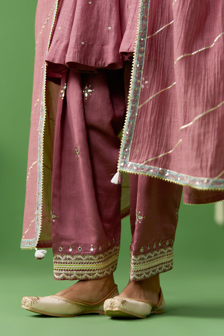 Gulnaar Onion Pink Turquoise With Green short anarkali with embroidered salwar and gota work dupatta ( set of 3)