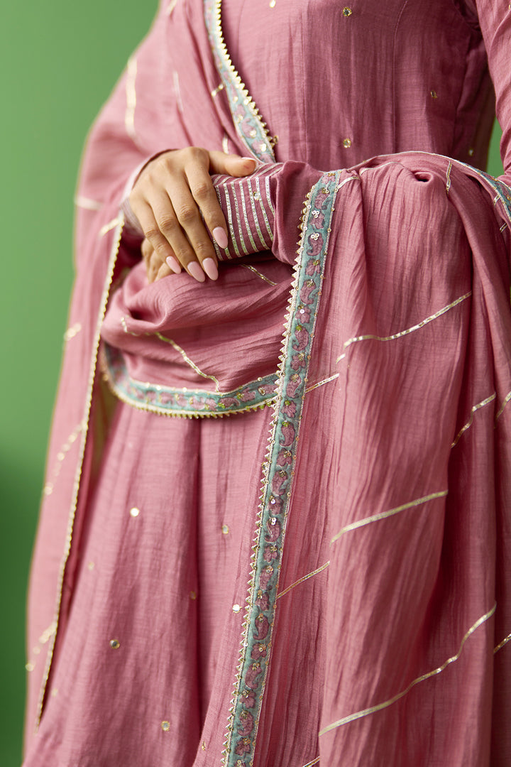Gulnaar Onion Pink Turquoise With Green short anarkali with embroidered salwar and gota work dupatta ( set of 3)