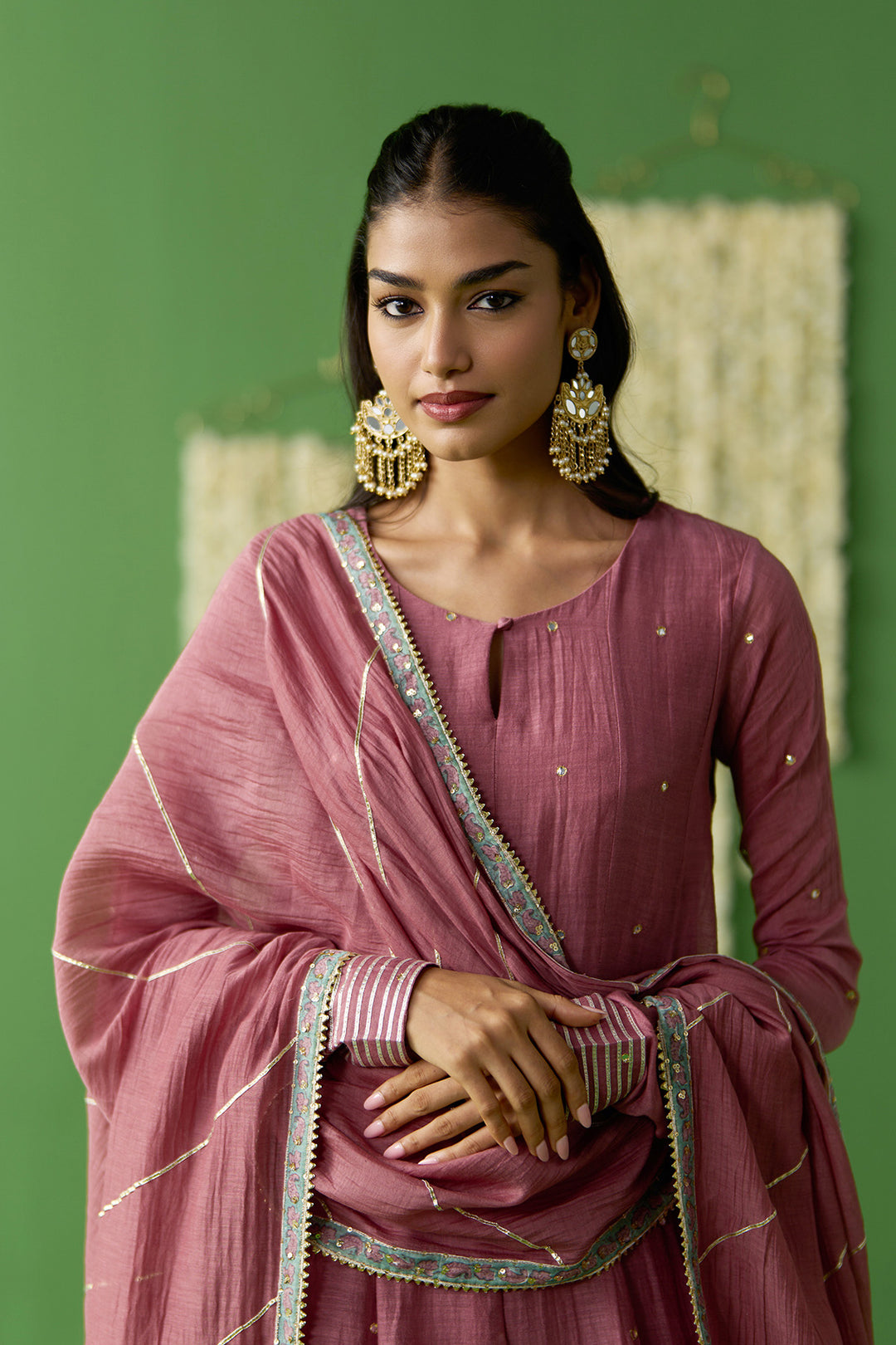 Gulnaar Onion Pink Turquoise With Green short anarkali with embroidered salwar and gota work dupatta ( set of 3)