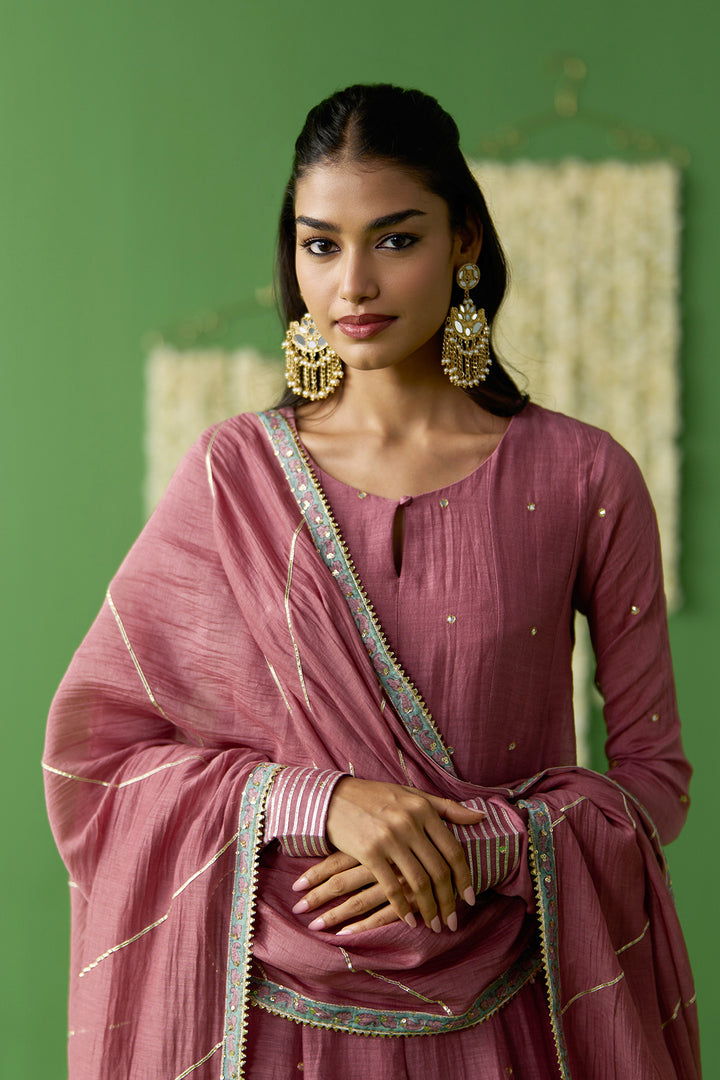 Gulnaar Onion Pink Turquoise With Green short anarkali with embroidered salwar and gota work dupatta ( set of 3)
