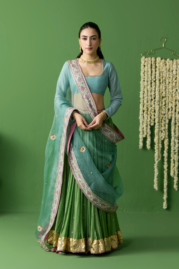 Gulnaar Green With Turquoise embroidered green lehenga with blouse and dupatta ( set of 3)