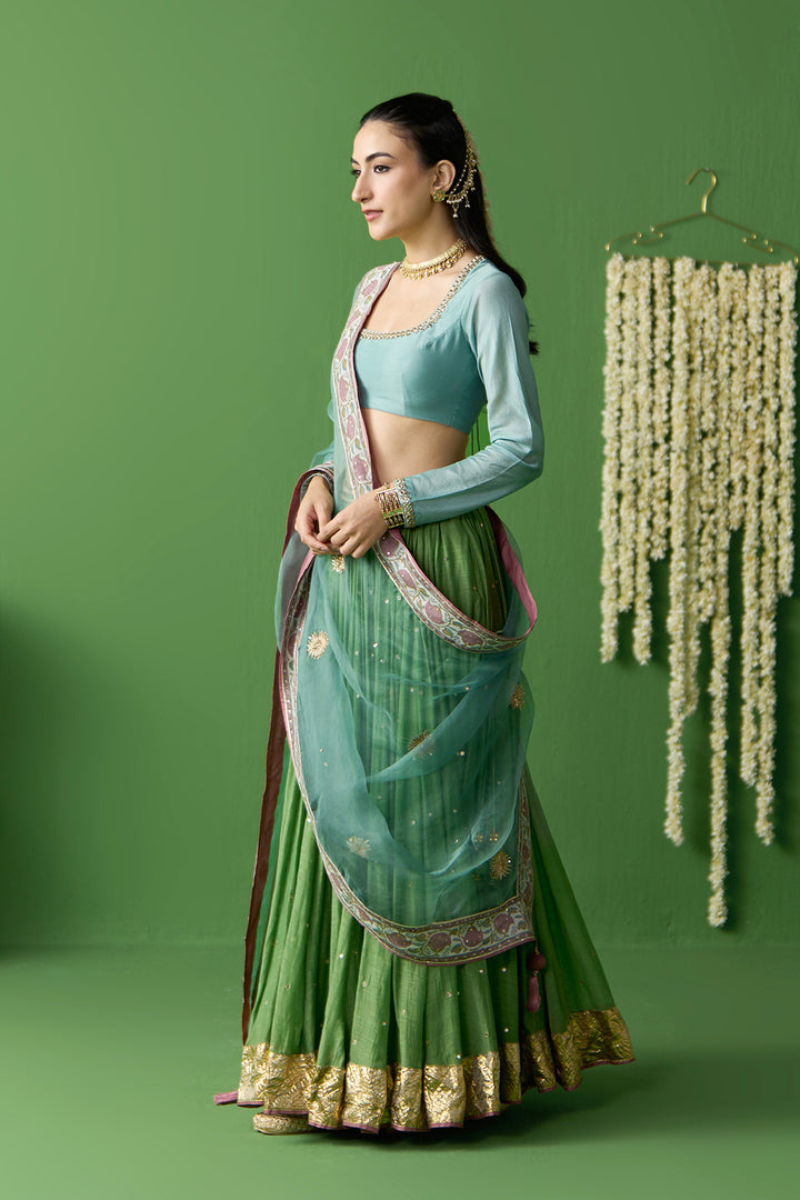 Gulnaar Green With Turquoise embroidered green lehenga with blouse and dupatta ( set of 3)