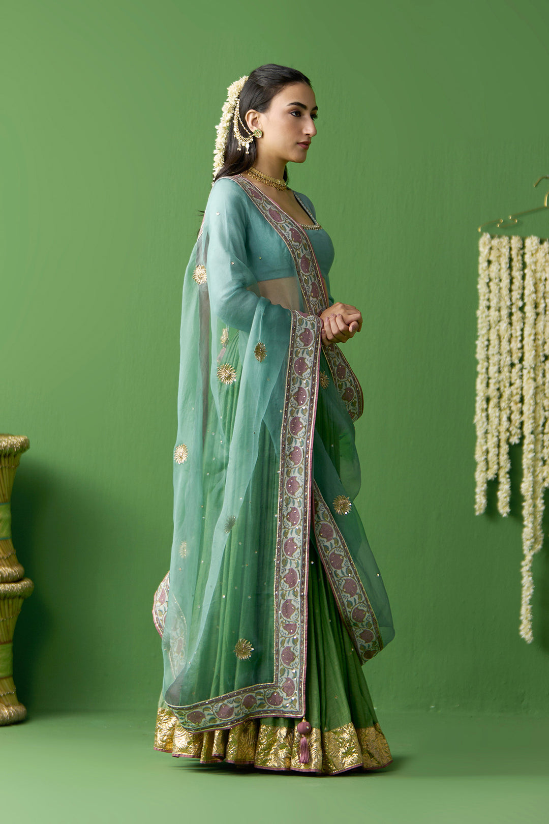Gulnaar Green With Turquoise embroidered green lehenga with blouse and dupatta ( set of 3)