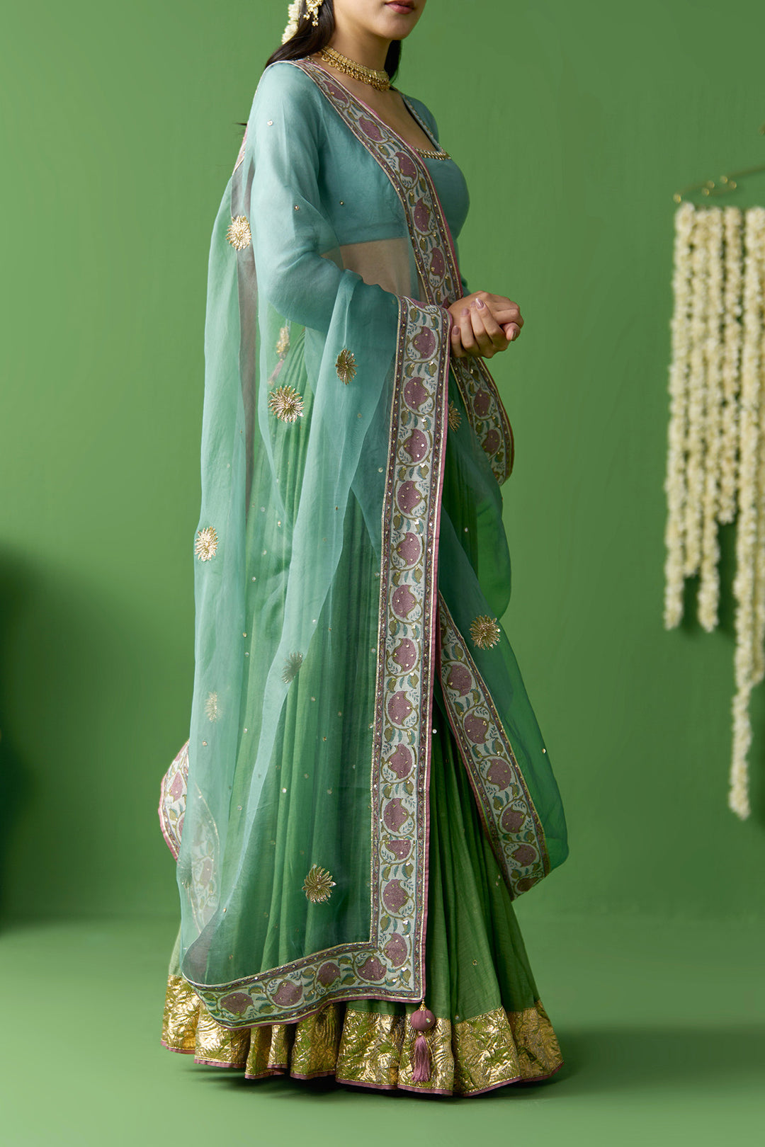 Gulnaar Green With Turquoise embroidered green lehenga with blouse and dupatta ( set of 3)