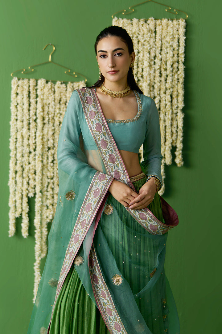 Gulnaar Green With Turquoise embroidered green lehenga with blouse and dupatta ( set of 3)