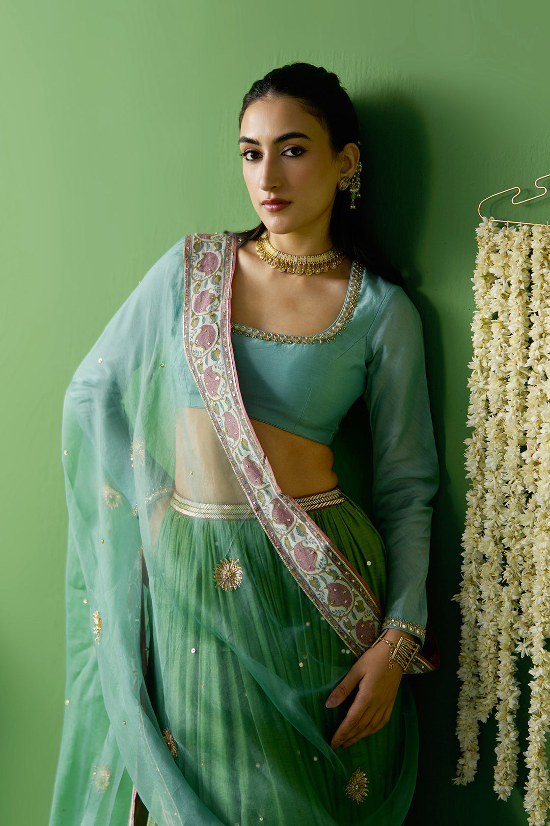 Gulnaar Green With Turquoise embroidered green lehenga with blouse and dupatta ( set of 3)
