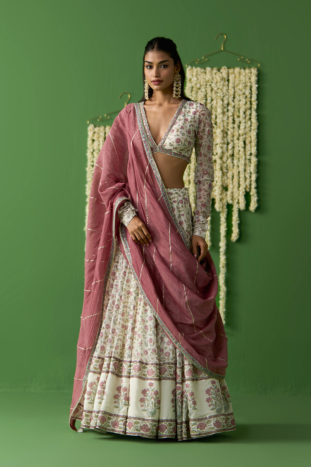 Gulnaar Ivory With Onion Pink Block printed lehenga with blouse and gota work dupatta ( set of 3)