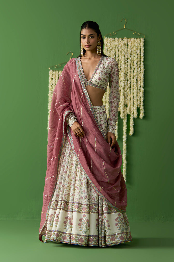 Gulnaar Ivory With Onion Pink Block printed lehenga with blouse and gota work dupatta ( set of 3)