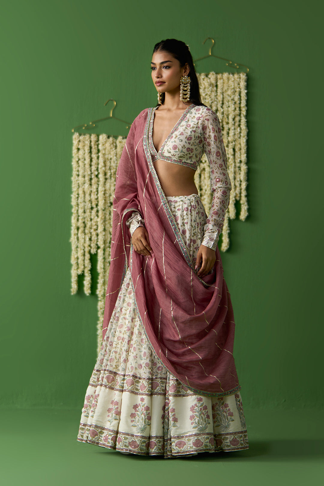 Gulnaar Ivory With Onion Pink Block printed lehenga with blouse and gota work dupatta ( set of 3)