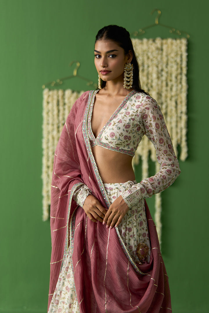 Gulnaar Ivory With Onion Pink Block printed lehenga with blouse and gota work dupatta ( set of 3)