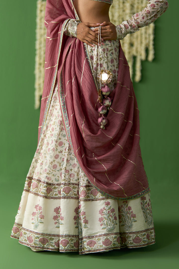 Gulnaar Ivory With Onion Pink Block printed lehenga with blouse and gota work dupatta ( set of 3)