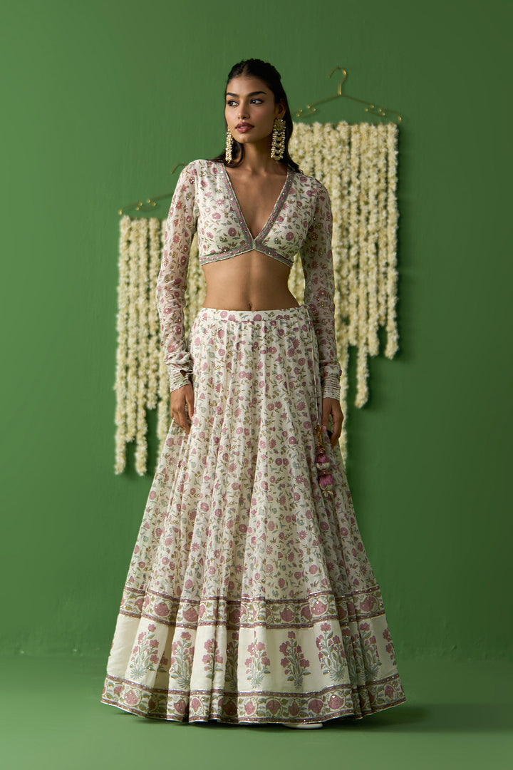 Gulnaar Ivory With Onion Pink Block printed lehenga with blouse and gota work dupatta ( set of 3)