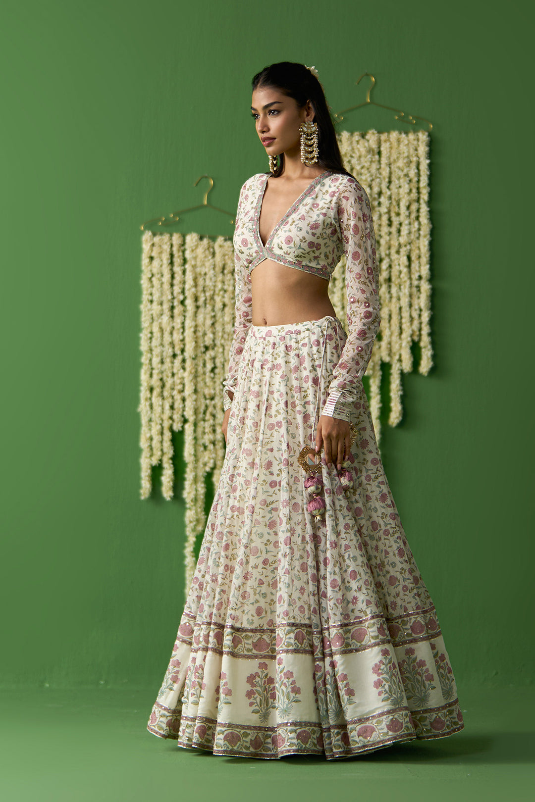 Gulnaar Ivory With Onion Pink Block printed lehenga with blouse and gota work dupatta ( set of 3)