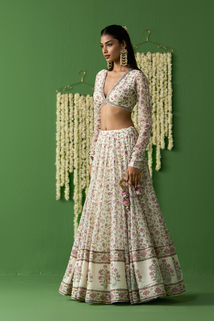 Gulnaar Ivory With Onion Pink Block printed lehenga with blouse and gota work dupatta ( set of 3)