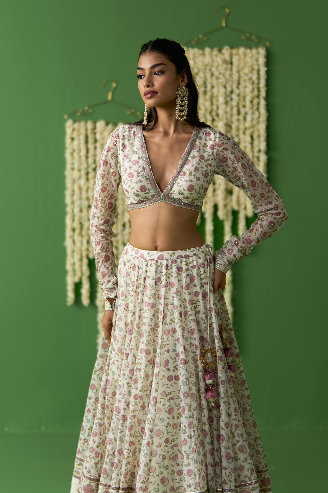 Gulnaar Ivory With Onion Pink Block printed lehenga with blouse and gota work dupatta ( set of 3)