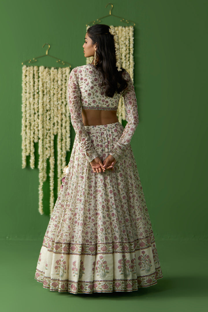 Gulnaar Ivory With Onion Pink Block printed lehenga with blouse and gota work dupatta ( set of 3)