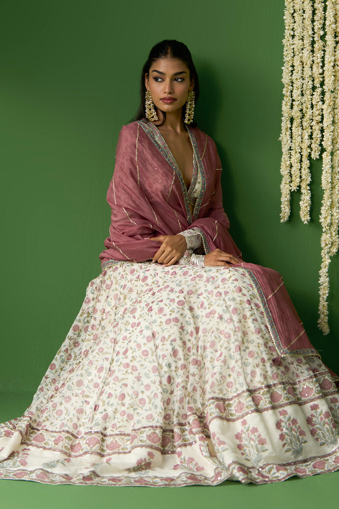 Gulnaar Ivory With Onion Pink Block printed lehenga with blouse and gota work dupatta ( set of 3)