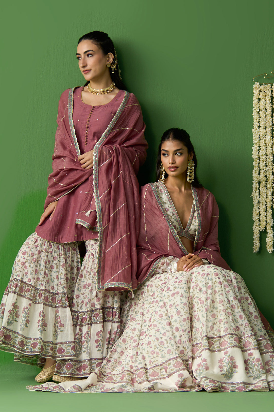 Gulnaar Ivory With Onion Pink Block printed lehenga with blouse and gota work dupatta ( set of 3)