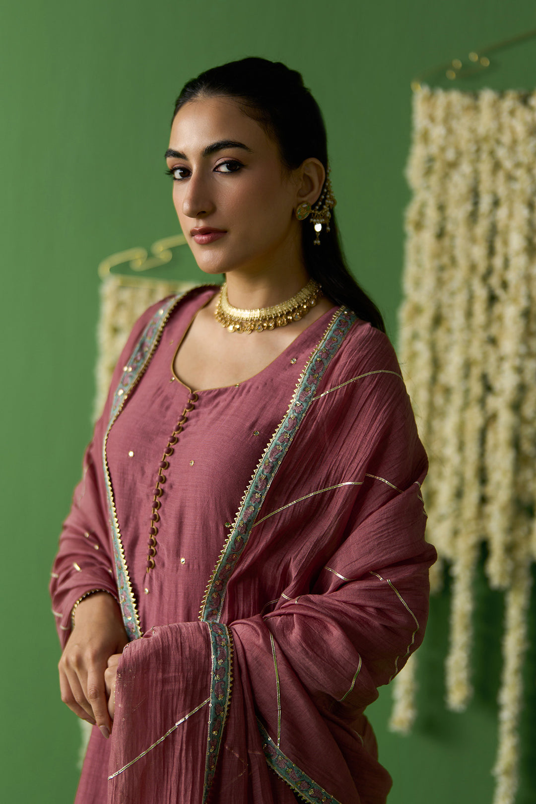 Gulnaar Ivory With Onion Pink Solid short kurta with block printed gharara and gota work dupatta ( set of 3)