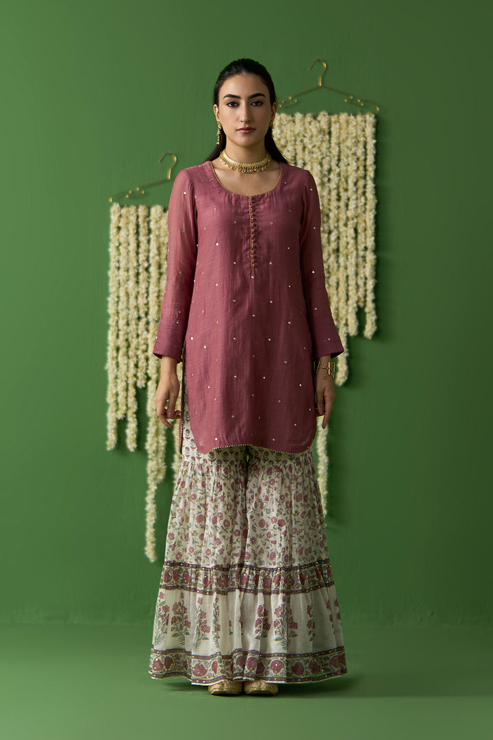 Gulnaar Ivory With Onion Pink Solid short kurta with block printed gharara and gota work dupatta ( set of 3)