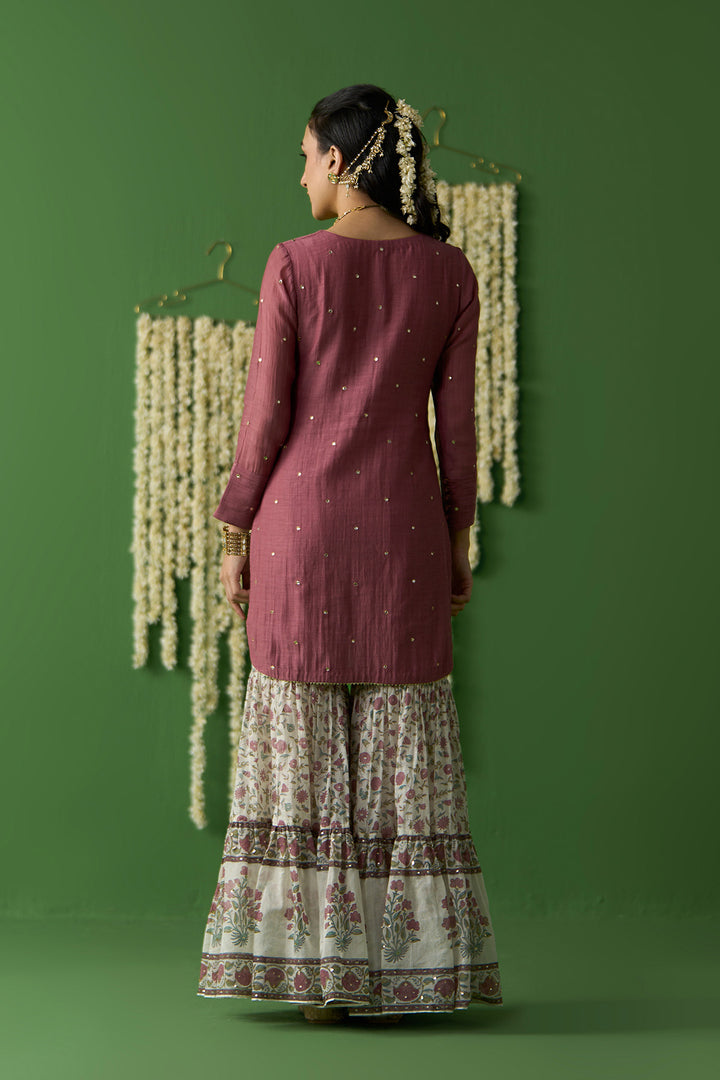 Gulnaar Ivory With Onion Pink Solid short kurta with block printed gharara and gota work dupatta ( set of 3)