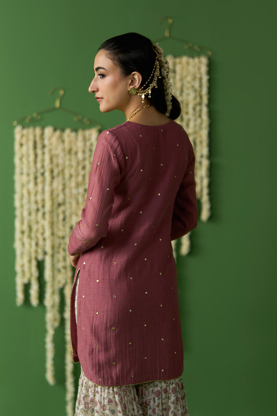 Gulnaar Ivory With Onion Pink Solid short kurta with block printed gharara and gota work dupatta ( set of 3)