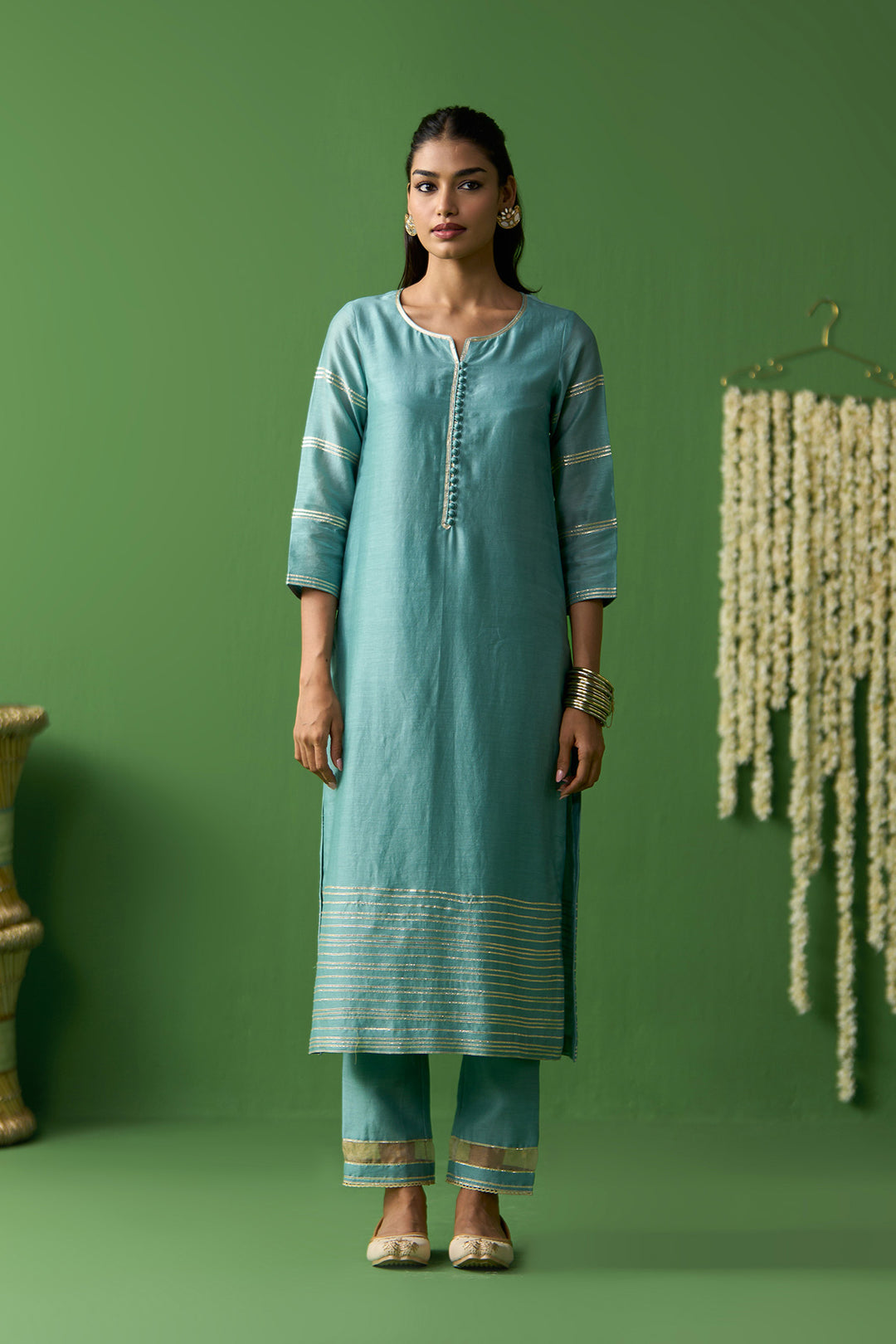 Gulnaar Turquoise Onion Pink solid gota work kurta with pants and block printed dupatta ( set of 3)
