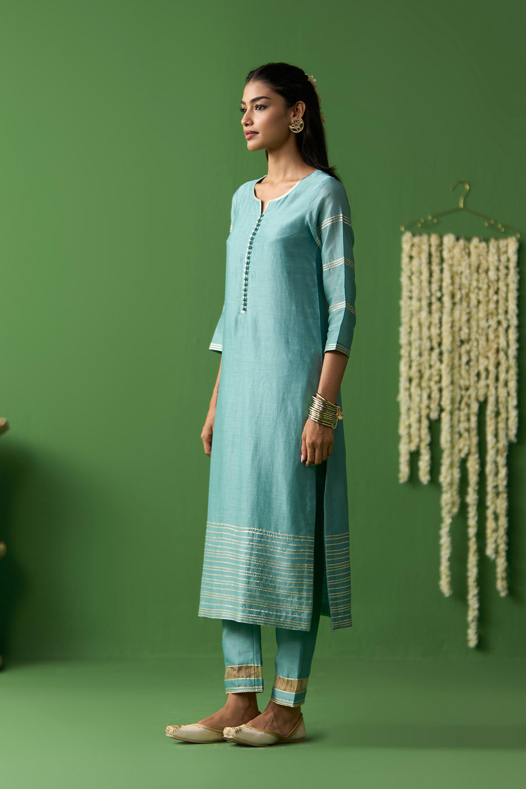 Gulnaar Turquoise Onion Pink solid gota work kurta with pants and block printed dupatta ( set of 3)