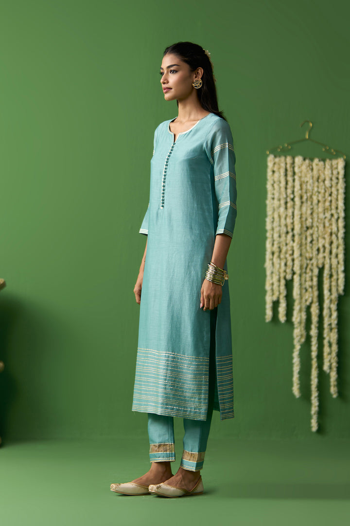 Gulnaar Turquoise Onion Pink solid gota work kurta with pants and block printed dupatta ( set of 3)