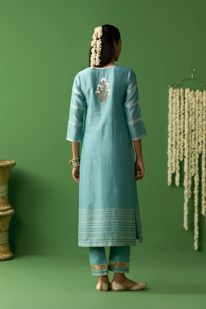 Gulnaar Turquoise Onion Pink solid gota work kurta with pants and block printed dupatta ( set of 3)