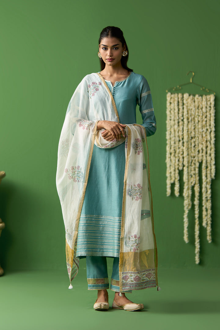 Gulnaar Turquoise Onion Pink solid gota work kurta with pants and block printed dupatta ( set of 3)