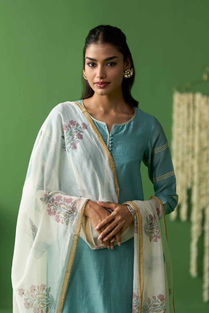 Gulnaar Turquoise Onion Pink solid gota work kurta with pants and block printed dupatta ( set of 3)