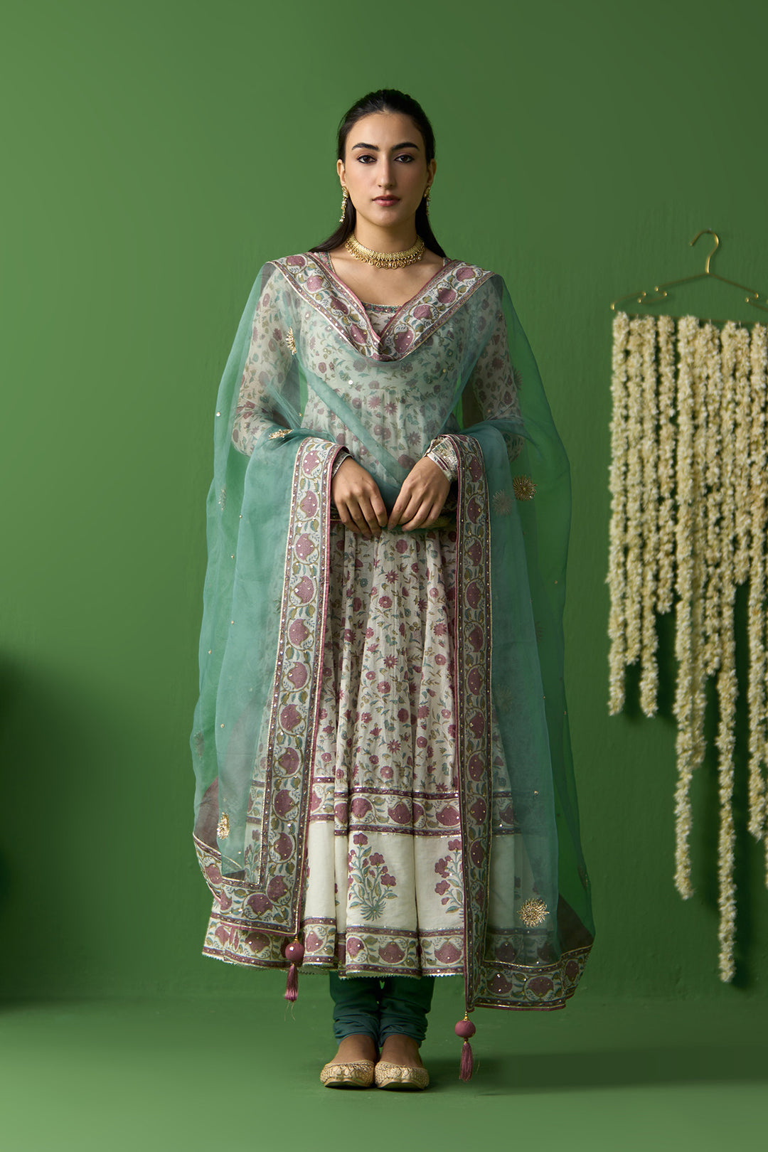 Gulnaar Ivory With Turquoise Block printed long anarkali with churidar and dupatta ( set of 3)