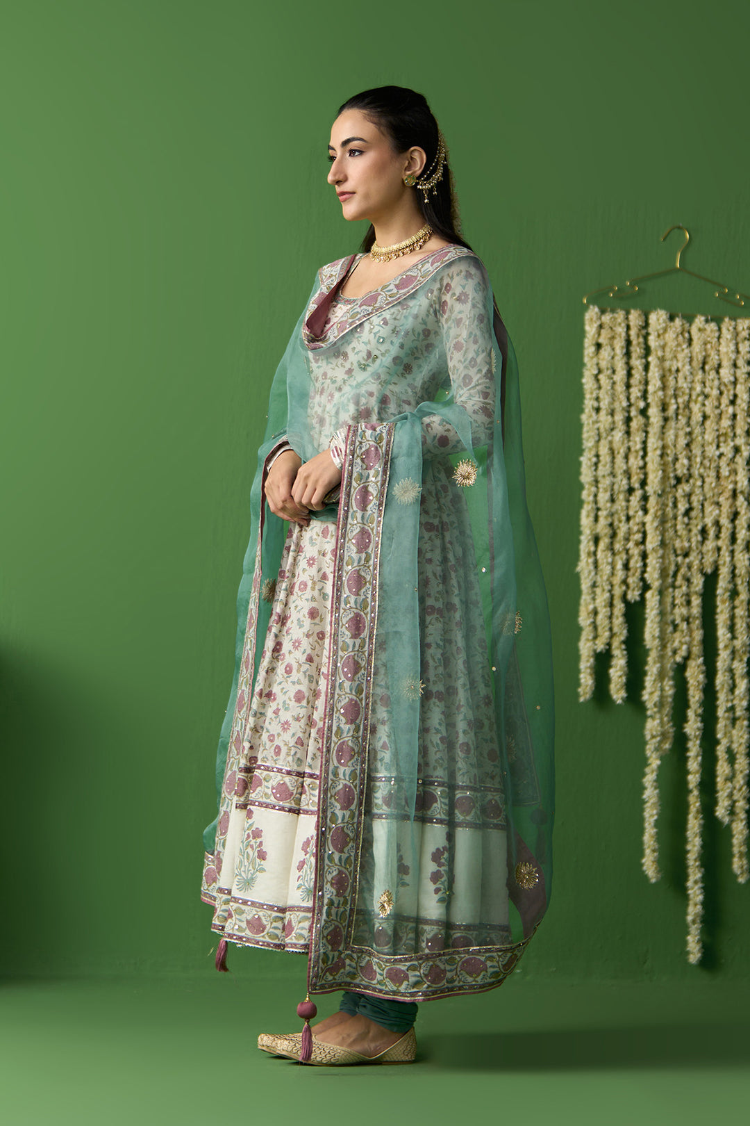 Gulnaar Ivory With Turquoise Block printed long anarkali with churidar and dupatta ( set of 3)