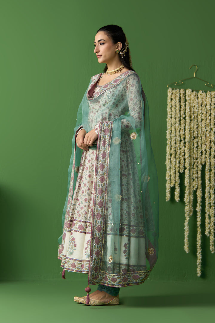 Gulnaar Ivory With Turquoise Block printed long anarkali with churidar and dupatta ( set of 3)