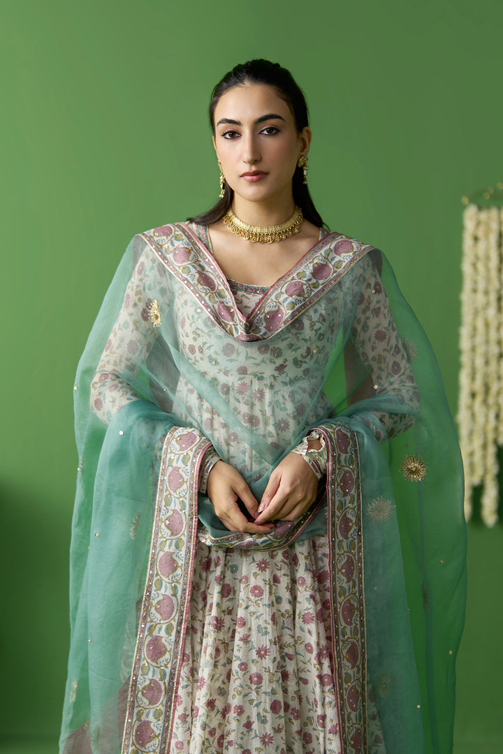 Gulnaar Ivory With Turquoise Block printed long anarkali with churidar and dupatta ( set of 3)