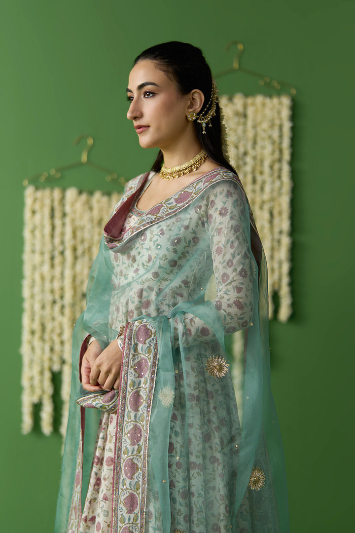 Gulnaar Ivory With Turquoise Block printed long anarkali with churidar and dupatta ( set of 3)