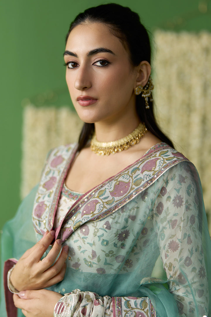 Gulnaar Ivory With Turquoise Block printed long anarkali with churidar and dupatta ( set of 3)