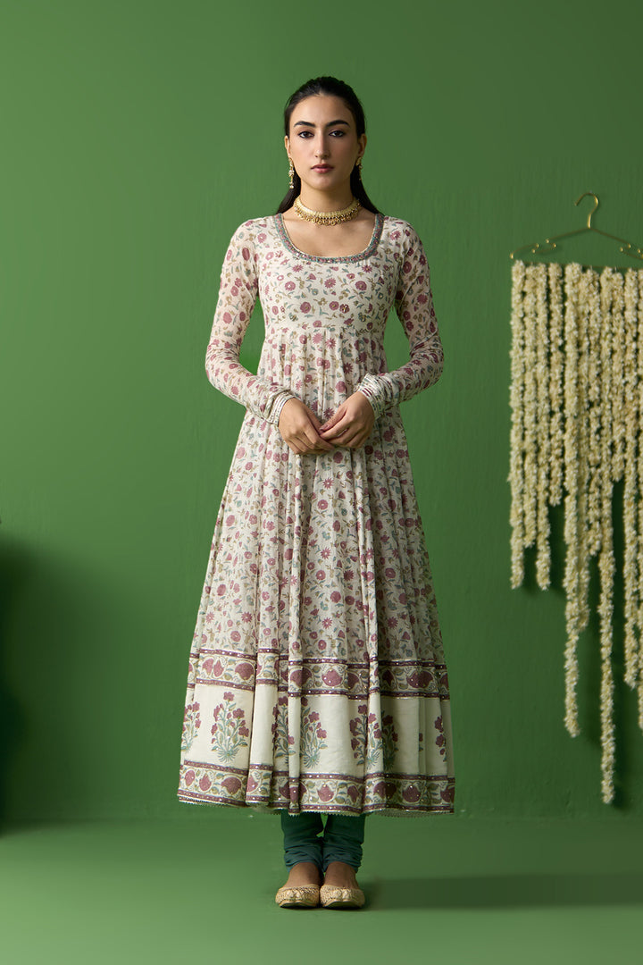 Gulnaar Ivory With Turquoise Block printed long anarkali with churidar and dupatta ( set of 3)