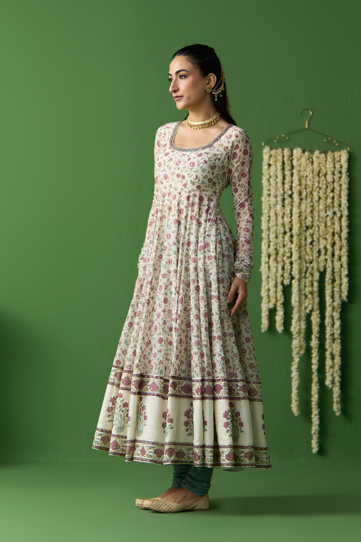 Gulnaar Ivory With Turquoise Block printed long anarkali with churidar and dupatta ( set of 3)