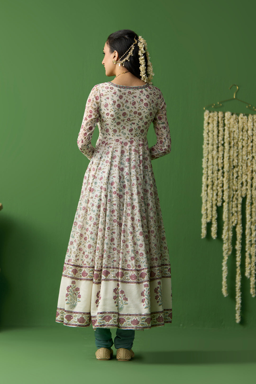 Gulnaar Ivory With Turquoise Block printed long anarkali with churidar and dupatta ( set of 3)