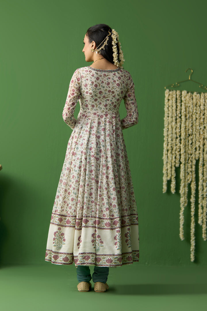 Gulnaar Ivory With Turquoise Block printed long anarkali with churidar and dupatta ( set of 3)