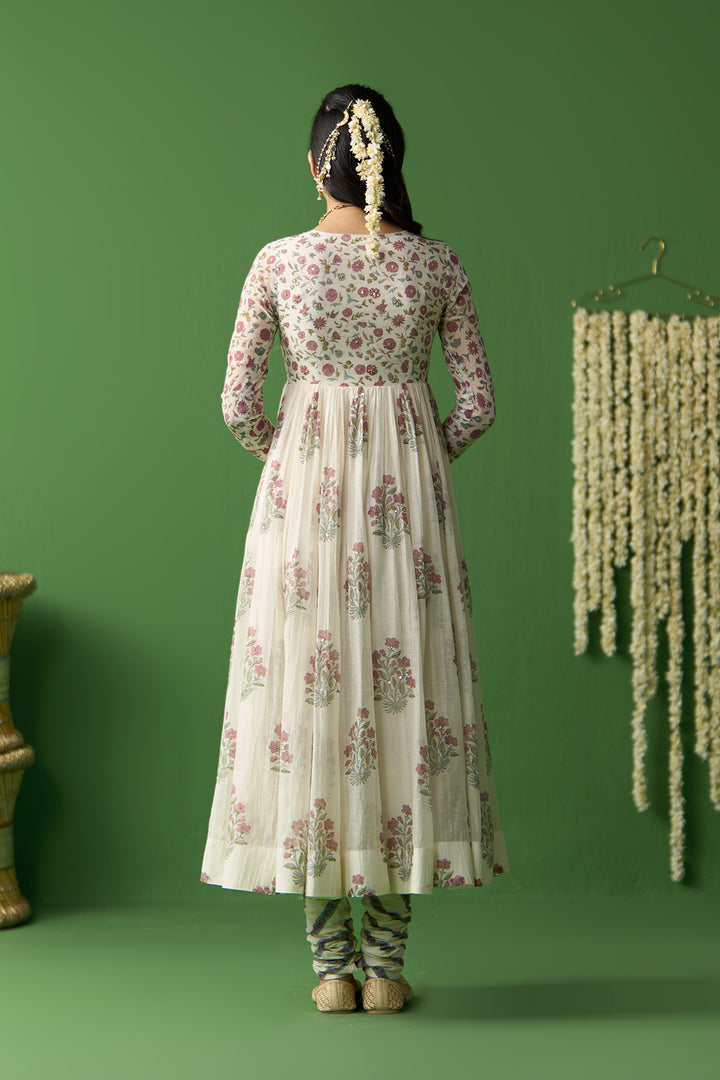 Gulnaar Ivory Block prined anarkali with churidar and dupatta ( set of 3)