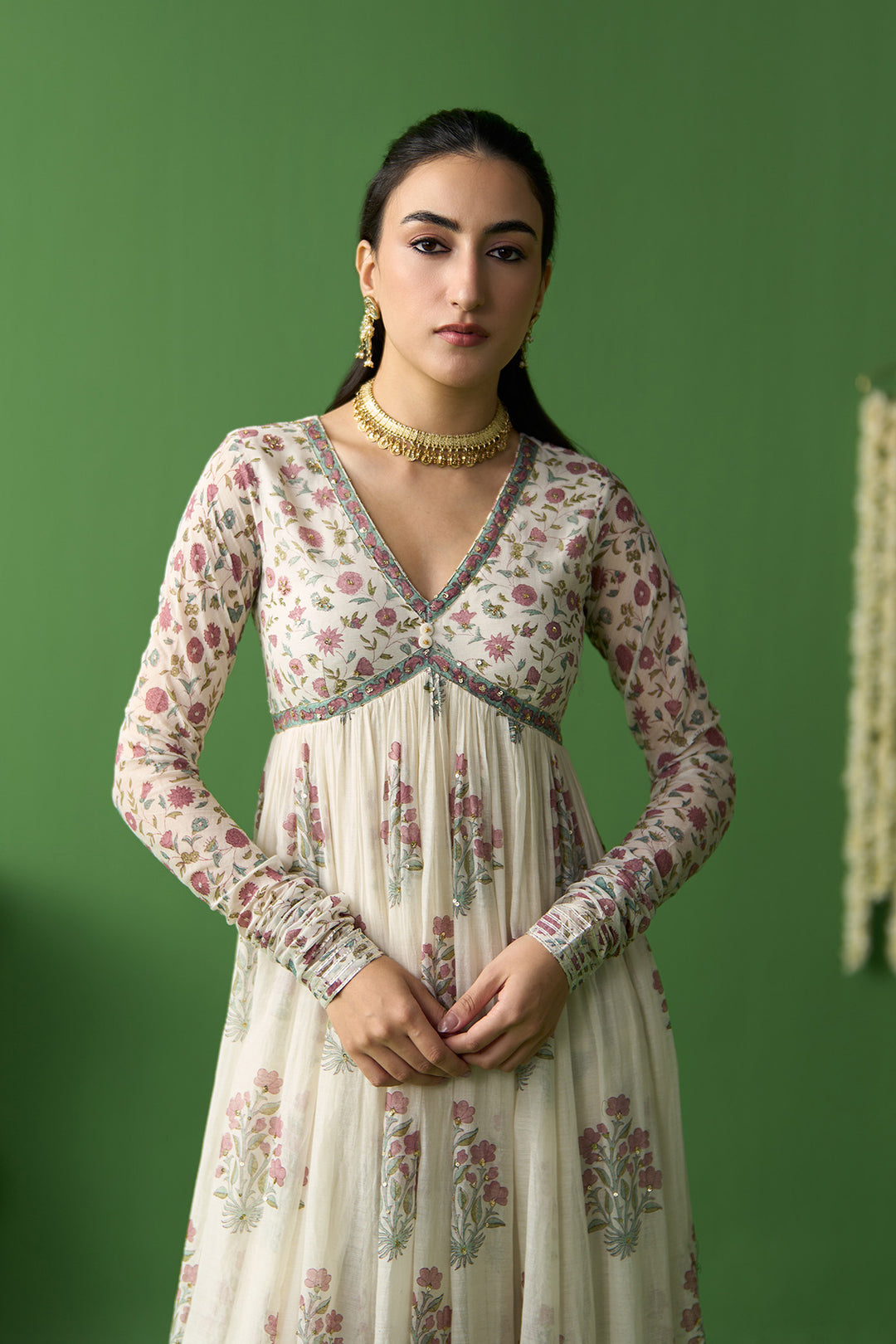 Gulnaar Ivory Block prined anarkali with churidar and dupatta ( set of 3)