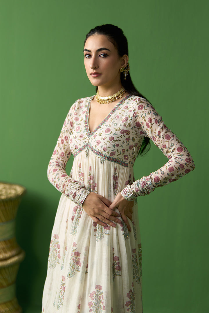 Gulnaar Ivory Block prined anarkali with churidar and dupatta ( set of 3)