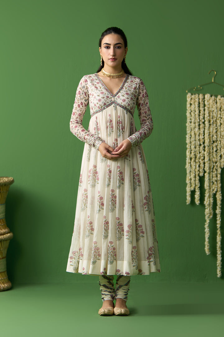 Gulnaar Ivory Block prined anarkali with churidar and dupatta ( set of 3)